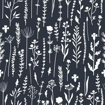 Seamless pattern of botanical elements silhouettes. Wild plants Stock Illustration