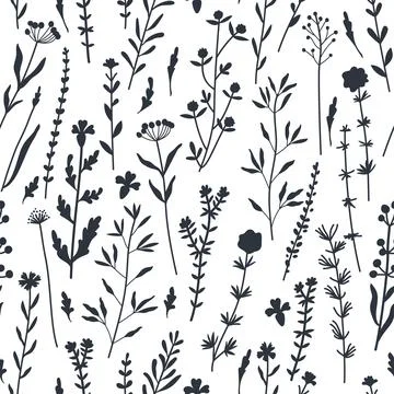 Seamless pattern of botanical elements silhouettes. Wild plants Stock Illustration