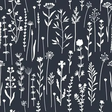 Seamless pattern of botanical elements silhouettes. Wild plants 库存插图