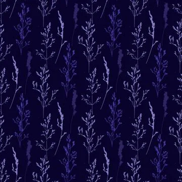 Seamless pattern of botanical elements silhouettes. Wild night herbs. Stock Illustration