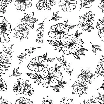 Seamless pattern botanical hand drawn line art on white background. Vector .. Stock Illustration
