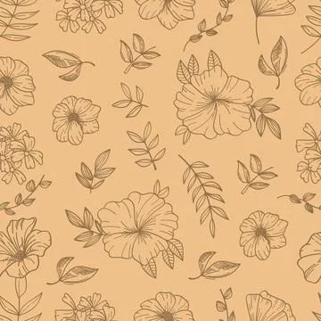 Seamless pattern botanical hand drawn line art on brown background. Vector .. Stock Illustration