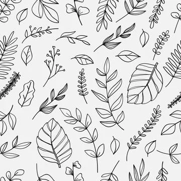 Seamless pattern botanical leaves line art isolated on white background. Stock Illustration