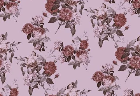 Seamless pattern of botanical rose flowers on a pink background. Stock Illustration