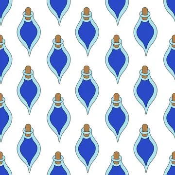 Seamless Pattern. Bottle of blue poison with cork. Halloween witch equipment Stock Illustration