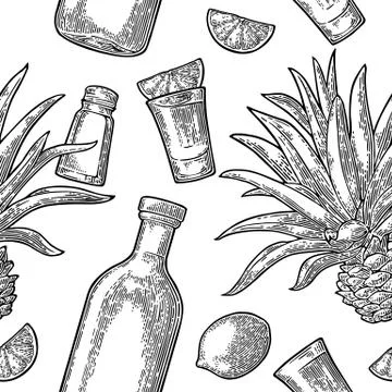 Seamless pattern of bottle, glass tequila, salt, cactus and lime Stock Illustration