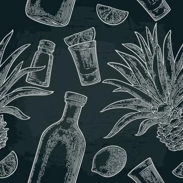 Seamless pattern of bottle, glass tequila, salt, cactus and lime Stock Illustration