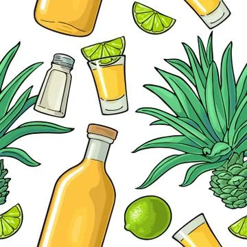 Seamless pattern of bottle, glass tequila, salt, cactus and lime Stock Illustration