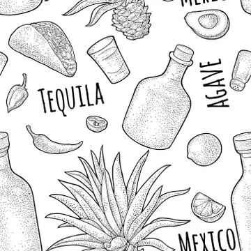 Seamless pattern of bottle, glass tequila, salt, cactus and lime Stock Illustration