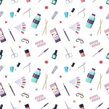 Seamless pattern with a bottle of nail polish and manicure tools. Cute print for Illustrazione stock