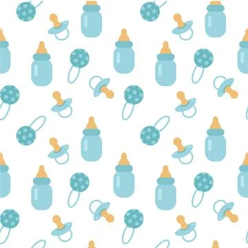 Seamless pattern with bottle, nipple and rattle on white background. It s a.. Stock Illustration