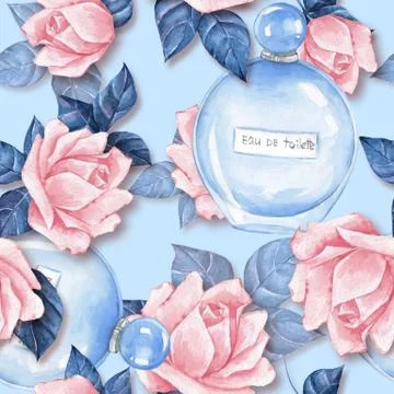 Seamless pattern with bottle of perfume and flowers 3 Stock Illustration