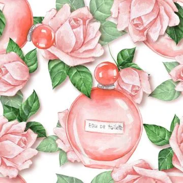 Seamless pattern with bottle of perfume and flowers Stock Illustration