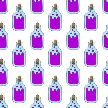 Seamless Pattern. Bottle of purple poison with cork. Halloween witch equipment Stock Illustration