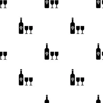 Seamless pattern with bottle of wine and two glasses on white background. Vec Stock Illustration