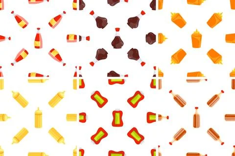 Seamless pattern with bottles and containers of ketchup, mustard and soy sauce Stock Illustration
