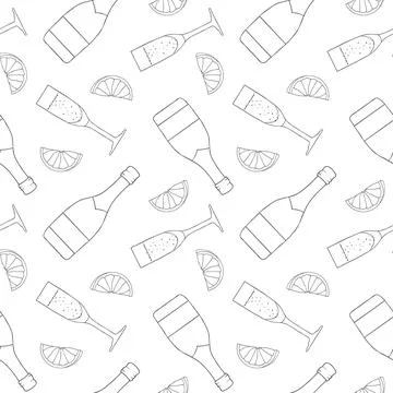 Seamless pattern with bottles and glasses of champagne, orange fruits. vector Illustrazione stock