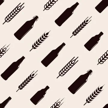 Seamless pattern of bottles of beer and wheat, ornamental rapport, vector ill Stock Illustration