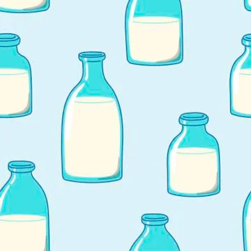 Seamless pattern with bottles of milk or yogurt. Hand-drawn style. Stock Illustration