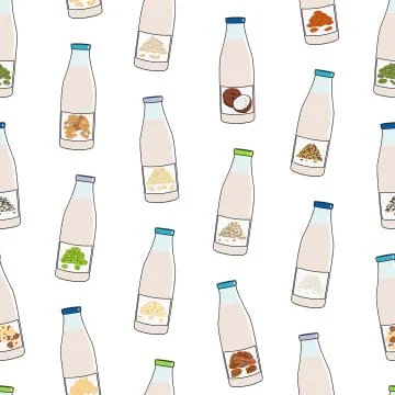 Seamless pattern of bottles with plant based milk Stock Illustration