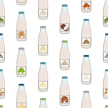 Seamless pattern of bottles with plant based milk Stock Illustration