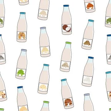 Seamless pattern of bottles with plant based milk Stock Illustration