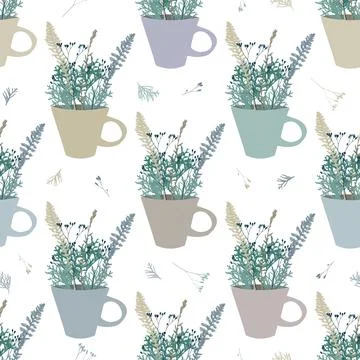 Seamless pattern with a bouquet of autumn twigs in a cup. Flat vector illus.. Stock Illustration