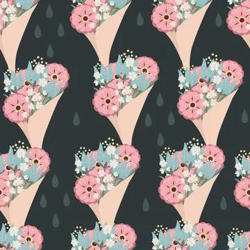 Seamless pattern bouquet of different flowers in paper packaging decorative Stock Illustration