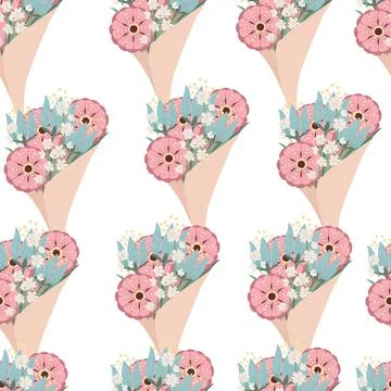 Seamless pattern bouquet of different flowers in paper packaging decorative Stock Illustration