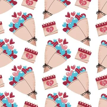 Seamless Pattern With Bouquet Of Hearts And Calendar Marked 14th February I.. Stock Illustration
