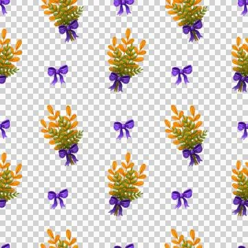 Seamless pattern with a bouquet of herbs decorated with a purple bow. Stock Illustration