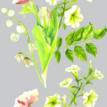 Seamless pattern bouquet lily of the valley tulip petunia anemones watercolor Stock Illustration