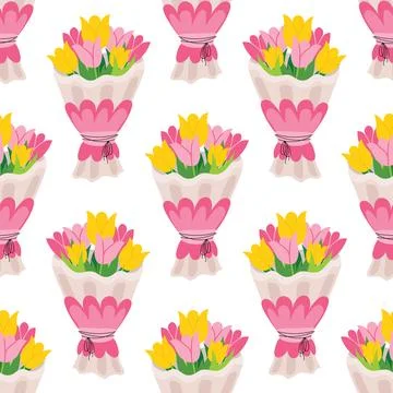 Seamless pattern with bouquet of pink and yellow tulip in cartoon flat styl.. Stock Illustration