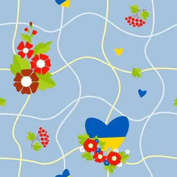 Seamless pattern. A bouquet of red mallows, a branch of viburnum, a yellow-blue  Stock Illustration