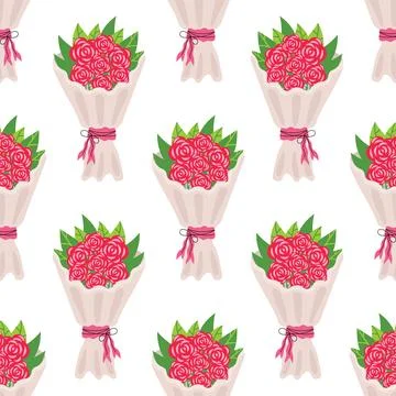 Seamless pattern with bouquet of red rose in cartoon flat style, arranged i.. Stock Illustration