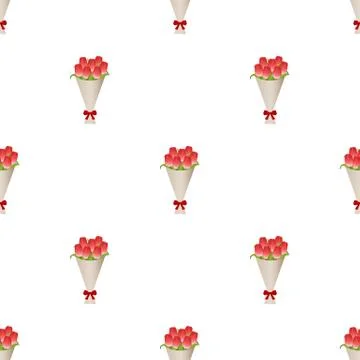 Seamless pattern with bouquet of red tulips in paper with red bow. Vector. 스톡 일러스트