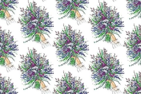 Seamless pattern. A bouquet of wildflowers is held by a hand. Stock Illustration