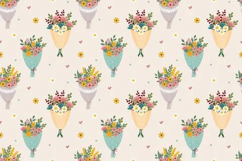 Seamless pattern with bouquets of delicate hand drawn wild flowers. Flat de.. Stock Illustration