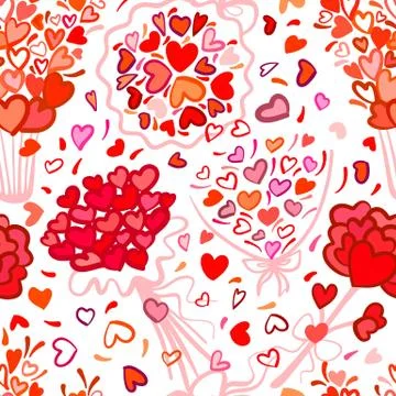 Seamless pattern. Bouquets of hearts. Bright simple Doodle style. Stock Illustration