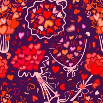 Seamless pattern. Bouquets of hearts. Bright simple Doodle style. Stock Illustration