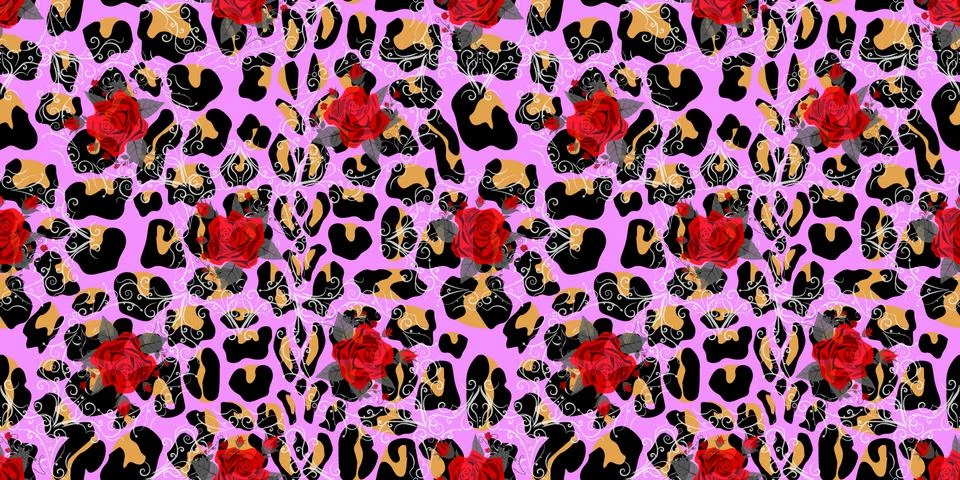 Seamless pattern with bouquets of roses on leopard skin background Stock Illustration