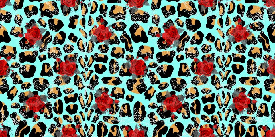 Seamless pattern with bouquets of roses on leopard skin background eps10 Stock Illustration