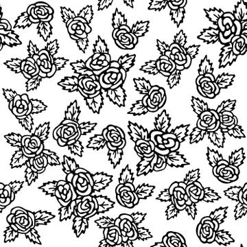 Seamless pattern with bouquets of roses on a white background. Black and white Stock Illustration