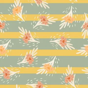 Seamless pattern with bouquets of small flowers on green yellow striped backg Stock Illustration
