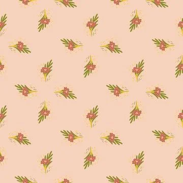 Seamless pattern with bouquets of small flowers on pastel pink background. Ve Stock Illustration
