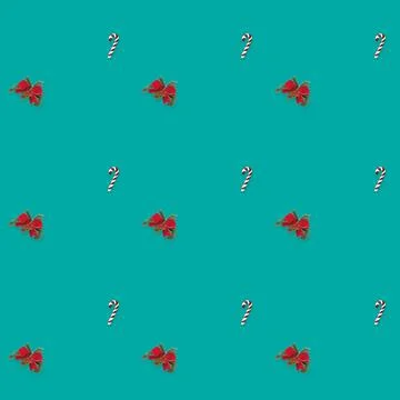 Seamless pattern bow and candy cane candy cane on turquoise background Stock Photos