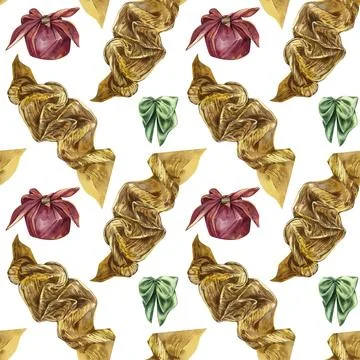 Seamless pattern with bow knot, textile gift box and ribbon on white. Watercolor Stock Illustration