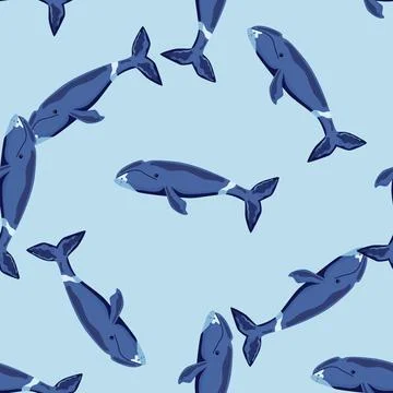 Seamless pattern Bowhead whale on blue background. Template of cartoon charac Stock Illustration