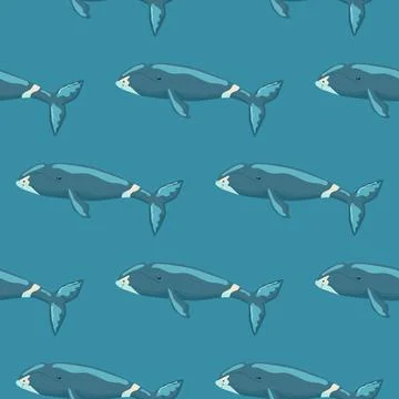 Seamless pattern Bowhead whale on blue background. Template of cartoon charac Stock Illustration