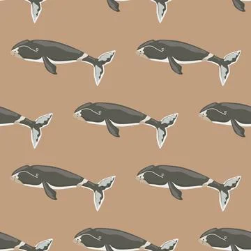 Seamless pattern Bowhead whale on brown background. Template of cartoon chara Stock Illustration